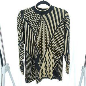 VTG 80s Oversized Metallic Geometric Crew Neck Sweater S Black/Gold *Repair*